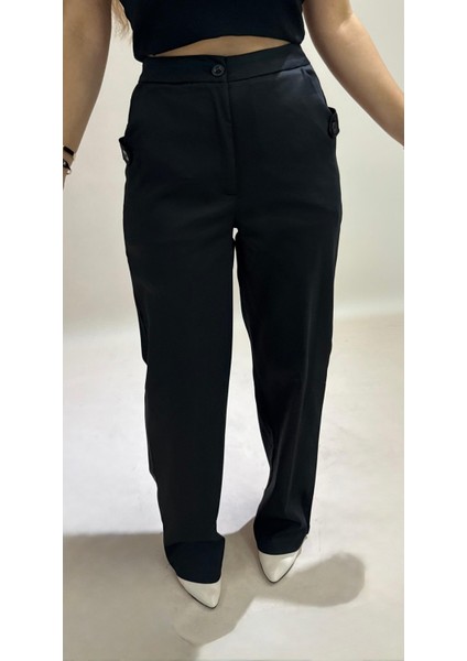 Yüksek Bel Cepli Poliviskon Palazzo Pantolon – Şık Düğme ve Apolet Detaylı Kadın Pantolon fiyatları