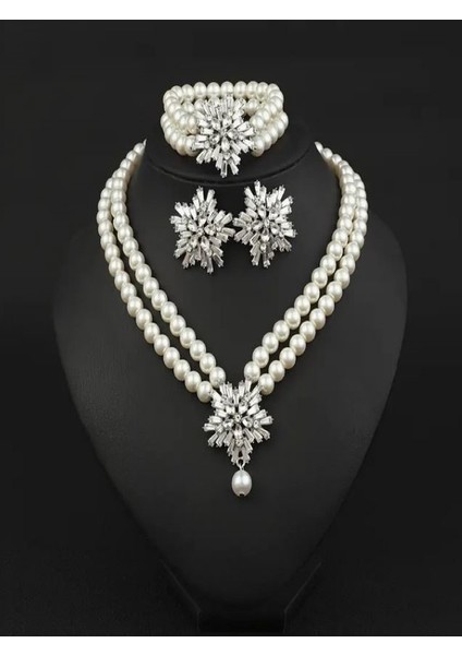 Şık 4 Parça Inci Gümüş Kaplama Takı Seti