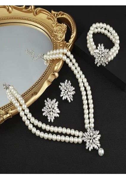 Şık 4 Parça Inci Gümüş Kaplama Takı Seti fiyatları