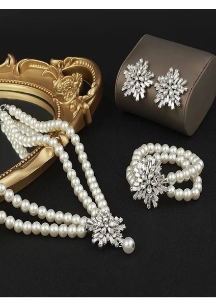 Şık 4 Parça Inci Gümüş Kaplama Takı Seti modelleri