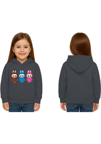 Unisex Baskılı Çocuk Swaetshirt Labubu Baskılı Kapüşonlu 3 Iplik Şardonlu