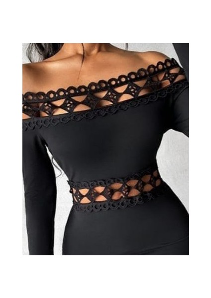 Kadın Uzun Kollu Madonna Dantel Yaka Yırtmaçlı Midi Dalgıç Elbise fiyatları