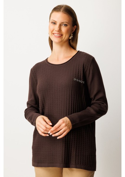 Kadın Büyük Beden Cebi Taşlı Triko Kazak 65354 Kahverengi fiyatları