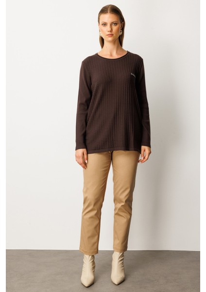 Kadın Büyük Beden Cebi Taşlı Triko Kazak 65354 Kahverengi modelleri