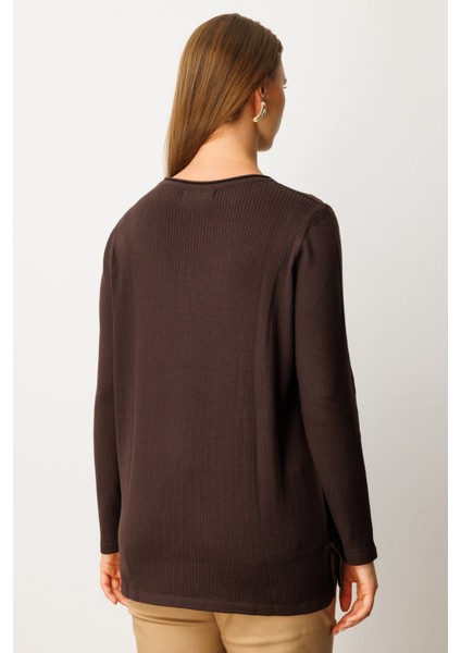 Kadın Büyük Beden Cebi Taşlı Triko Kazak 65354 Kahverengi fırsatları