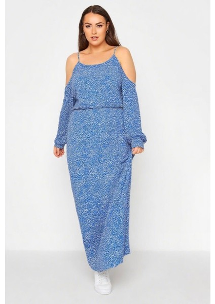 Kadın Büyük Beden Mavi, Ip Askılı, Omuz Açık, Bel Lastik Detaylı, Çiçek Desenli Elbise 65N39127