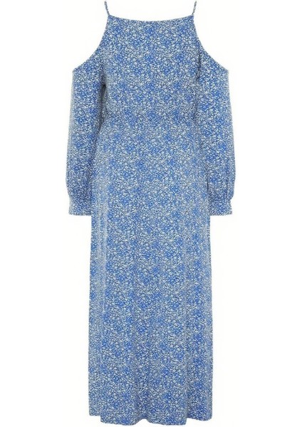 Kadın Büyük Beden Mavi, Ip Askılı, Omuz Açık, Bel Lastik Detaylı, Çiçek Desenli Elbise 65N39127 fırsatları