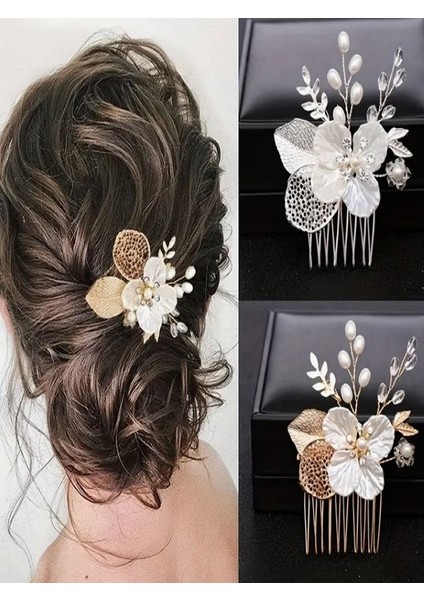 Taşlı Incili Saç Tarak Tokası, Yaprak Çiçek Gelin, Parti Saç Tarak Tokası