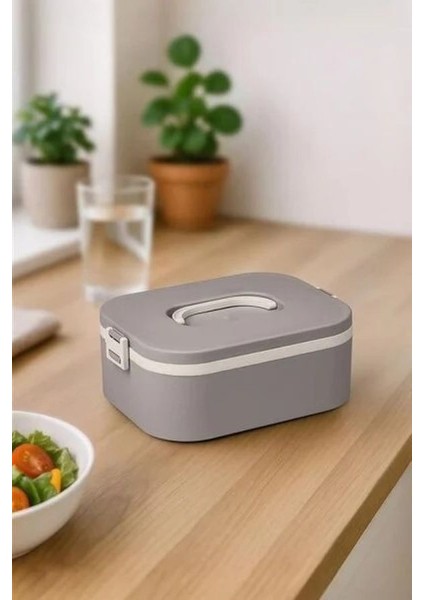 Paslanmaz Çelik Hazneli Lunch Box Tek Katlı Kendinden Çatal Kaşıklı Beslenme Kutusu Gri