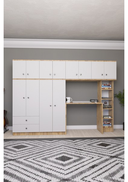 Solvio Kitaplıklı Çalışma Masası Gardırop Ünitesi Ön Beyaz Gövde Çam