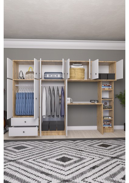 Solvio Kitaplıklı Çalışma Masası Gardırop Ünitesi Ön Beyaz Gövde Çam fiyatları