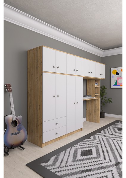 Solvio Kitaplıklı Çalışma Masası Gardırop Ünitesi Ön Beyaz Gövde Çam modelleri