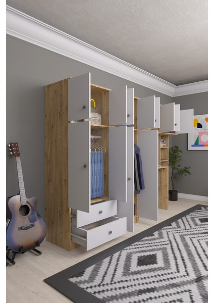 Solvio Kitaplıklı Çalışma Masası Gardırop Ünitesi Ön Beyaz Gövde Çam fırsatları