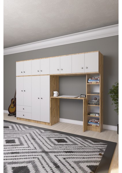 Solvio Kitaplıklı Çalışma Masası Gardırop Ünitesi Ön Beyaz Gövde Çam indirimleri