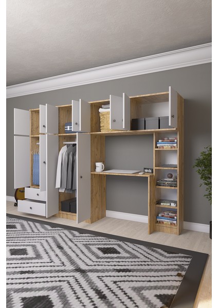 Solvio Kitaplıklı Çalışma Masası Gardırop Ünitesi Ön Beyaz Gövde Çam