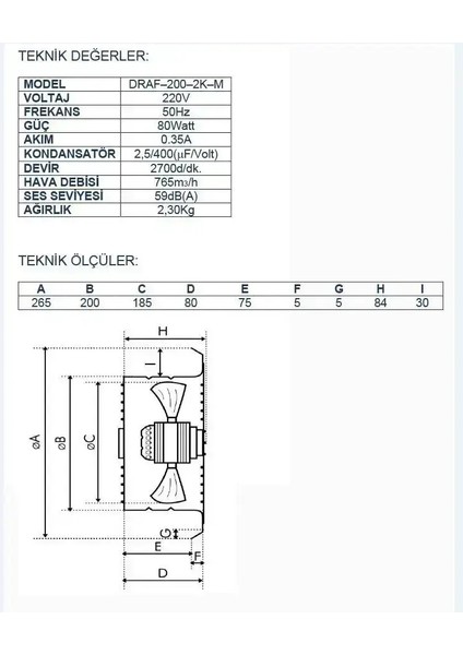 Ayas DRAF-350-2K-M 35 cm Monofaze Aksiyal Fan Aspiratör 3000 D/d 220 230 Volt fiyatları