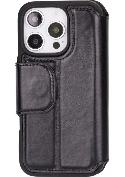Apple iPhone 16 Pro Uyumlu, Hakiki Deri, El Yapımı, Cüzdanlı Kılıf, Parlak Siyah modelleri
