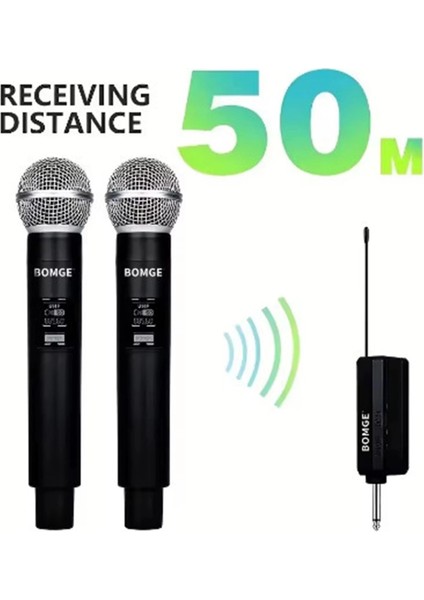 Buğz Profesyonel Çiftli Kablosuz Mikrofon Seti Karaoke Şarj Edilebilir 50 Metre Mesafe