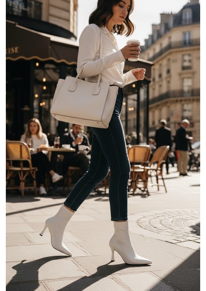 Popin Beyaz Kadın Sivri Burun Yarım Bot modelleri