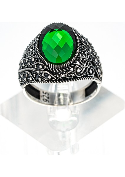 Şık Desenli Yeşil Doğal Taşlı 925 Ayar Gümüş Erkek Yüzük fiyatları