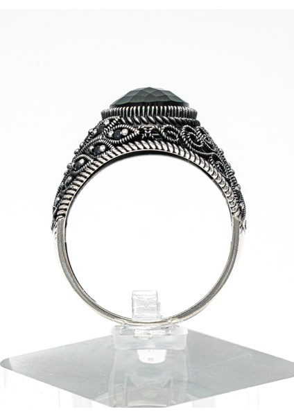 Şık Desenli Yeşil Doğal Taşlı 925 Ayar Gümüş Erkek Yüzük