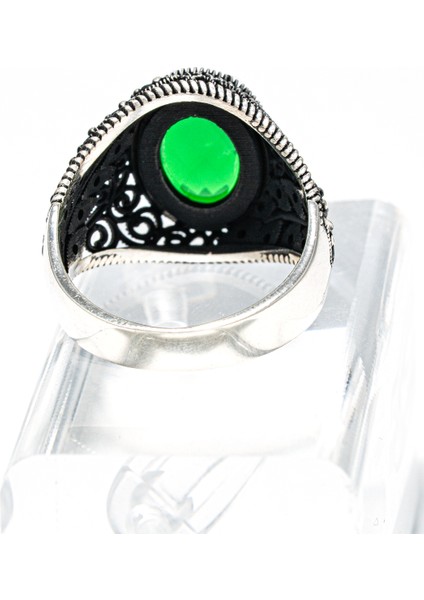 Şık Desenli Yeşil Doğal Taşlı 925 Ayar Gümüş Erkek Yüzük