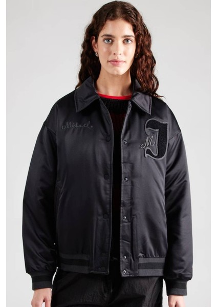 Michael Jordan Varsity Loose Fit Bomber Jacket Black Kadın Bol Kesim Ceket Mont Siyah