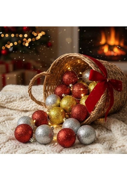 12’li 3 cm Yılbaşı Ağaç Süsü Seti – Kırmızı, Gümüş, Altın Parlak Top Süsler