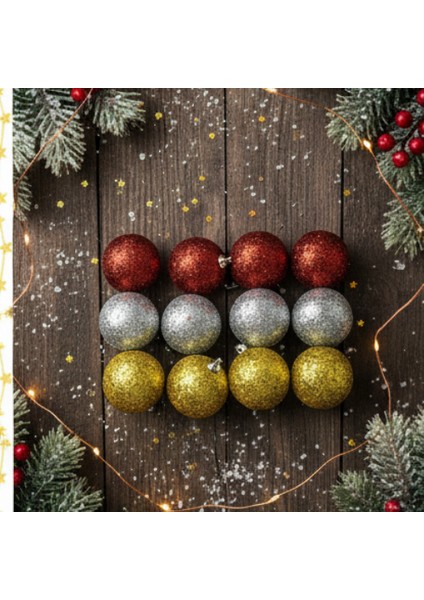 12’li 3 cm Yılbaşı Ağaç Süsü Seti – Kırmızı, Gümüş, Altın Parlak Top Süsler fırsatları