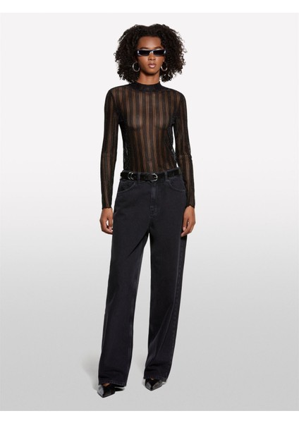 Trasparan Regular Fit Uzun Kollu T-Shirt Kadın Siyah T-Shirt - 325A327PL200U