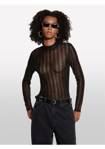 Trasparan Regular Fit Uzun Kollu T-Shirt Kadın Siyah T-Shirt - 325A327PL200U fırsatları