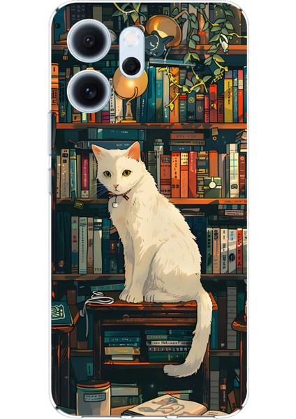 Oppo Reno 14F Uyumlu Kitaplık Beyaz Kedi Tasarımlı Baskılı Silikon Kılıf