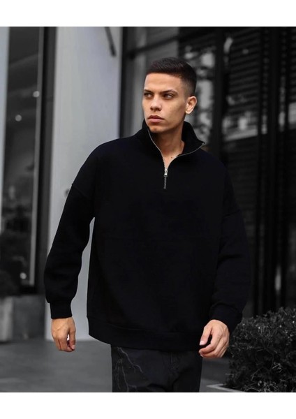 Erkek Yarım Fermuarlı Üç Iplik Sweatshirt - Siyah
