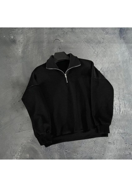 Erkek Yarım Fermuarlı Üç Iplik Sweatshirt - Siyah fiyatları