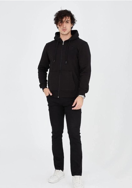 Unisex Tam Fermuarlı Kapşonlu Sweatshirt - Siyah modelleri