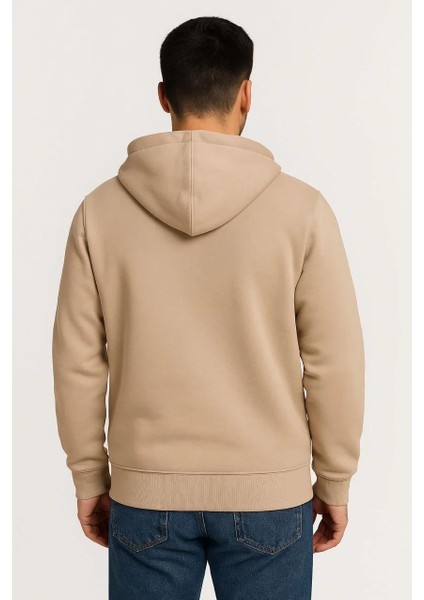 Erkek Üç Iplik Kapüşonlu Tam Fermuarlı Kanguru Çepli Sweatshirt Hoodie - Bej fiyatları