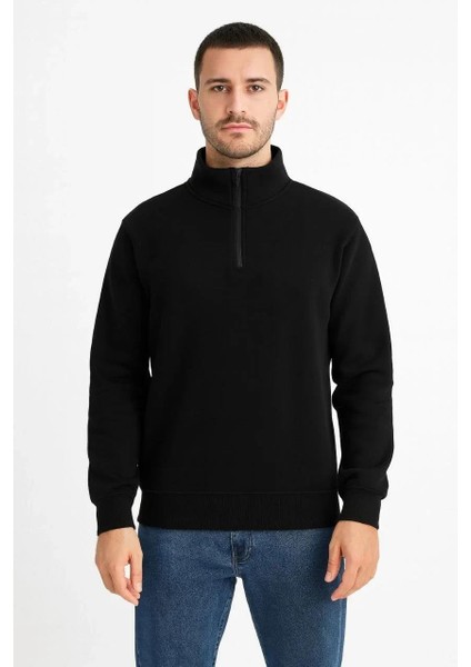 Erkek Dik Yaka Sweatshirt Dik Yaka Yarım Fermuarlı 3 Iplik Şardonlu Pamuk Kumaş - Siyah fiyatları