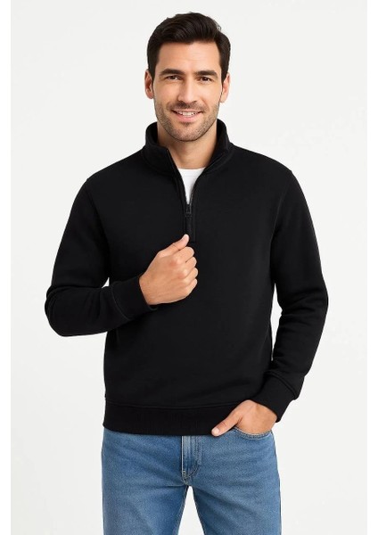 Erkek Dik Yaka Sweatshirt Dik Yaka Yarım Fermuarlı 3 Iplik Şardonlu Pamuk Kumaş - Siyah