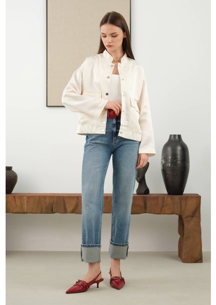 Broş Detaylı Bomber Ceket Kemik