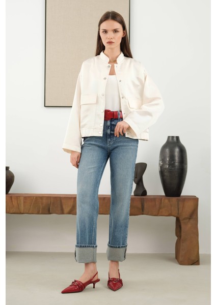 Broş Detaylı Bomber Ceket Kemik