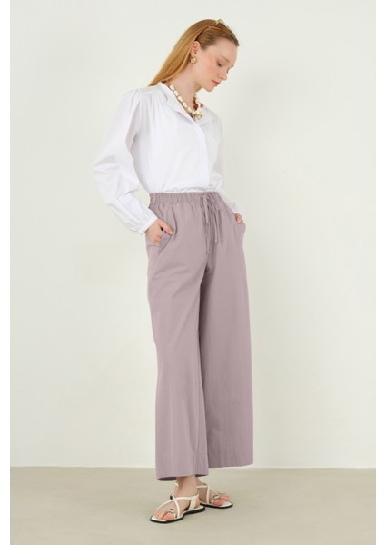Poplin Bol Paça Pantolon Açık Leylak