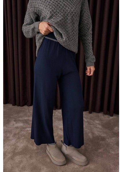 Şerit Detaylı Triko Pantolon Ofis Lacivert