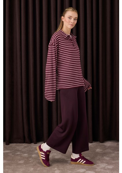 Beli Lastikli Triko Pantolon Koyu Mürdüm