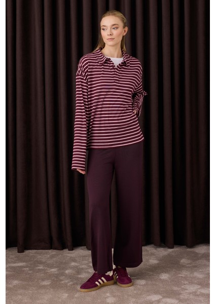 Beli Lastikli Triko Pantolon Koyu Mürdüm