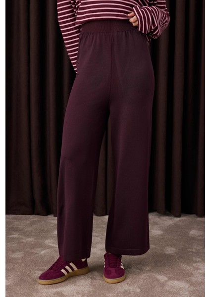 Beli Lastikli Triko Pantolon Koyu Mürdüm