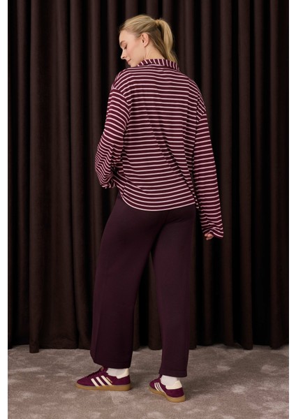 Beli Lastikli Triko Pantolon Koyu Mürdüm