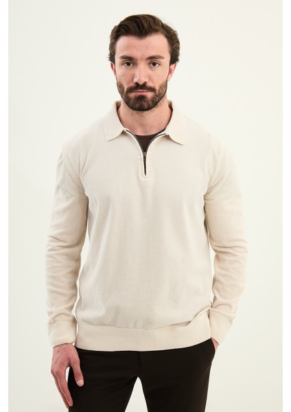 Düz Slim Fit Fermuarlı Polo Yaka Şönil Kumaş Erkek Triko