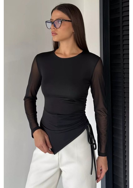 Kadın Yan Büzgü Detaylı Kollar Tüllü Likralı Bluz P-00018735