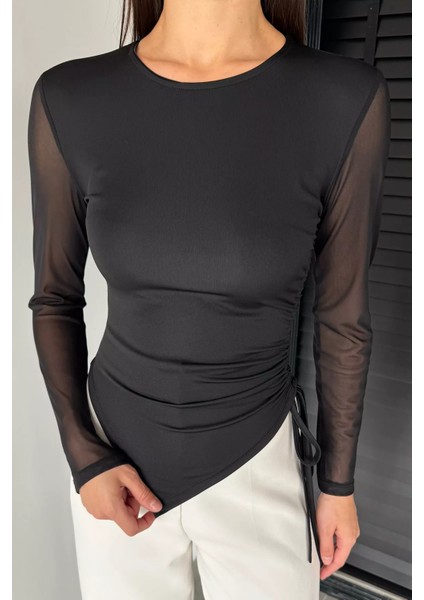 Kadın Yan Büzgü Detaylı Kollar Tüllü Likralı Bluz P-00018735 fiyatları