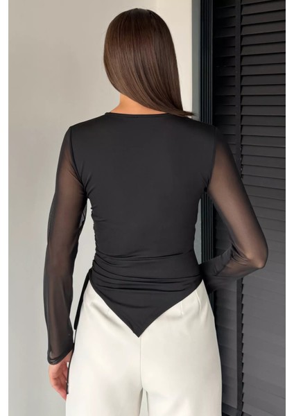 Kadın Yan Büzgü Detaylı Kollar Tüllü Likralı Bluz P-00018735 fırsatları